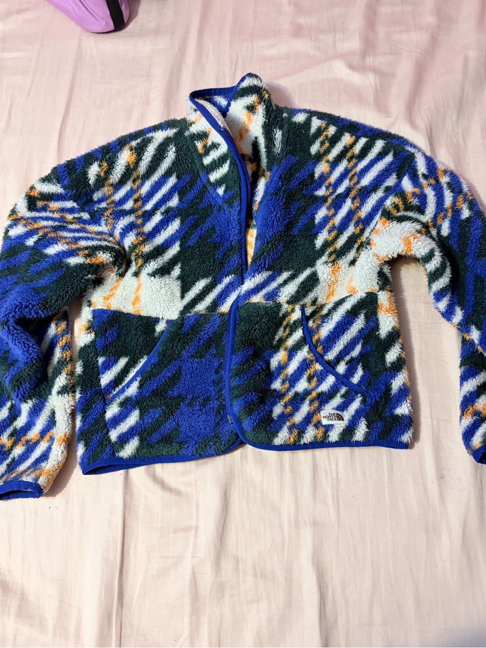 Cozy Sherpa Zip Jacket in Blue, Green, White & Orange